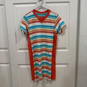 Mokuyobi Striped T-Shirt Dress Orange Teal Rainbow Cotton Mini Dress Medium